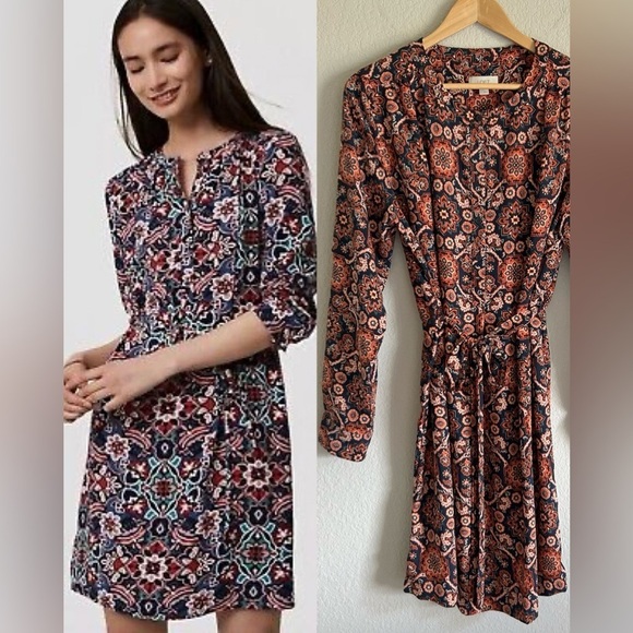 Loft Geometric Floral Print Shirt Dress Button Front Self Belt Size L - Picture 1 of 11